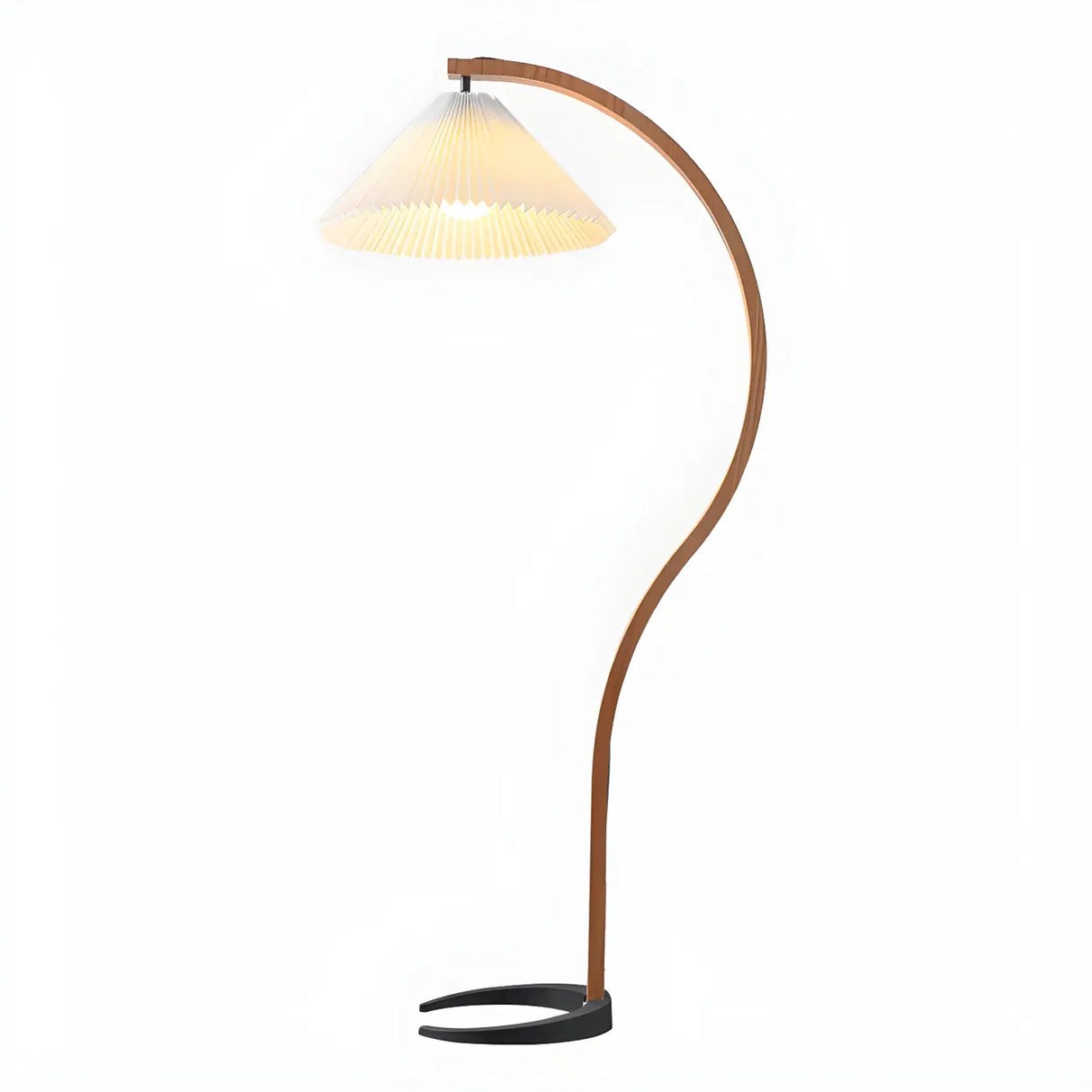 Modern Curved Wooden Floor Lamp with Pleated Shade Image - 8