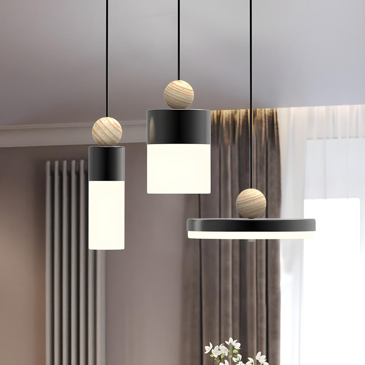 Modern Cylinder Dining Room LED Black Triple Pendant Light Image - 3