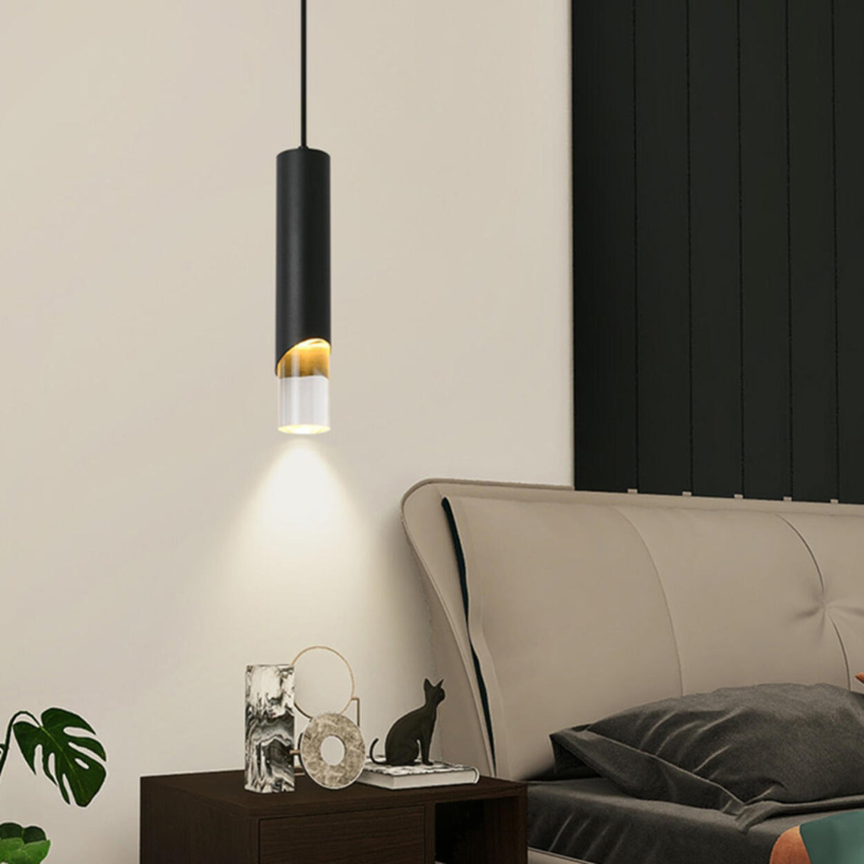 Modern Cylinder Glass LED Pendant Light Bedroom Image - 3