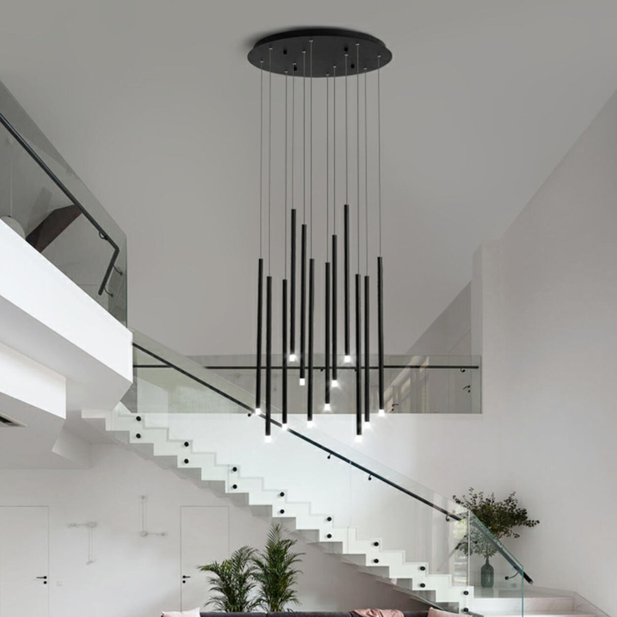 Modern Cylinder Metal Pendant Light Chandelier Stairwell Image - 1