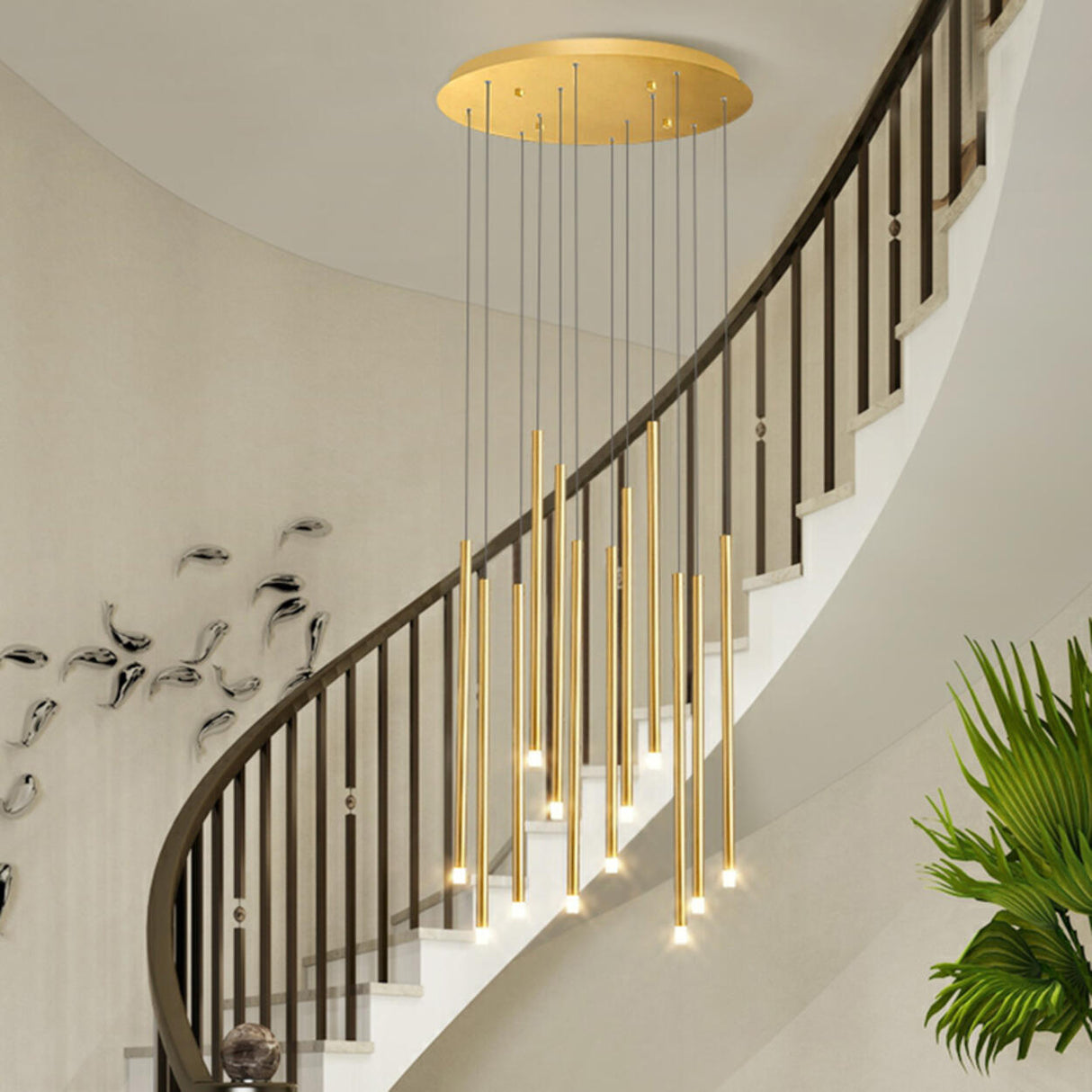 Modern Cylinder Metal Pendant Light Chandelier Stairwell Image - 18