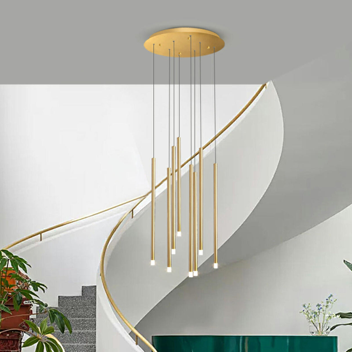 Modern Cylinder Metal Pendant Light Chandelier Stairwell Image - 3