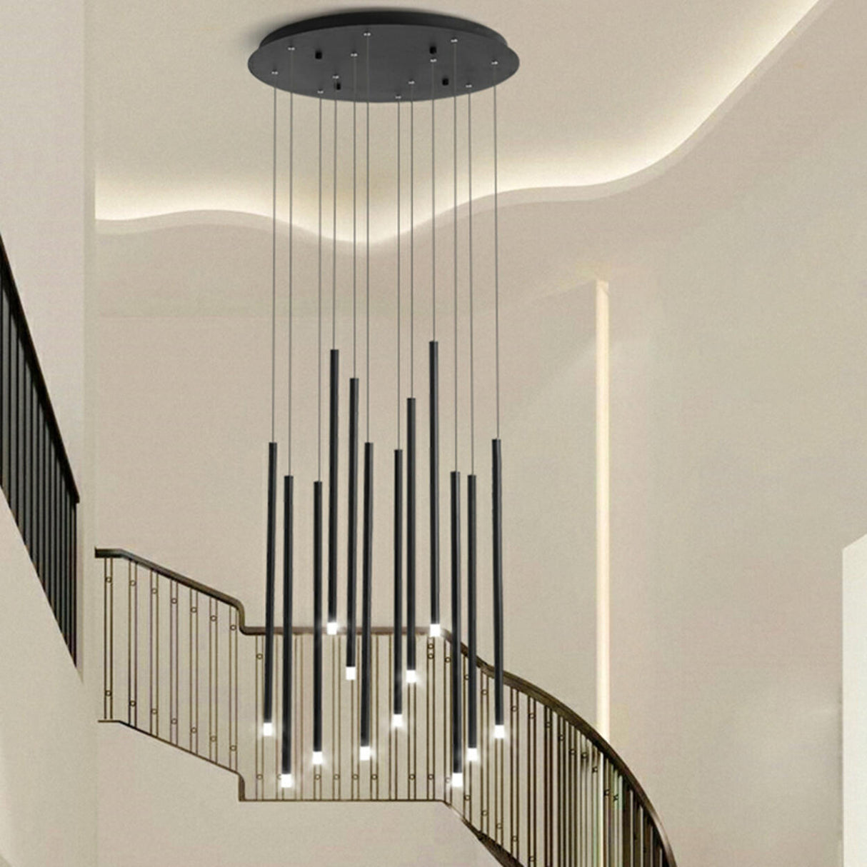 Modern Cylinder Metal Pendant Light Chandelier Stairwell Image - 7