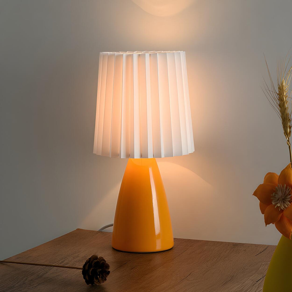 Modern Cylinder Pleated Shade Cone Base Table Lamp Image - 1