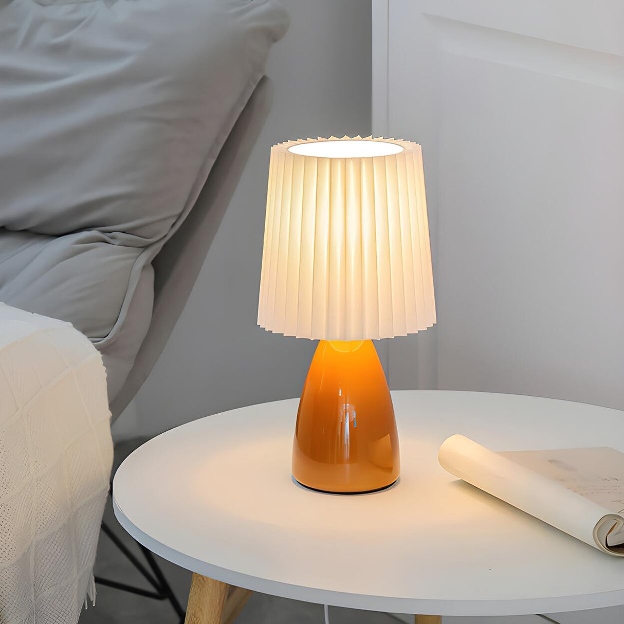 Modern Cylinder Pleated Shade Cone Base Table Lamp Image - 2