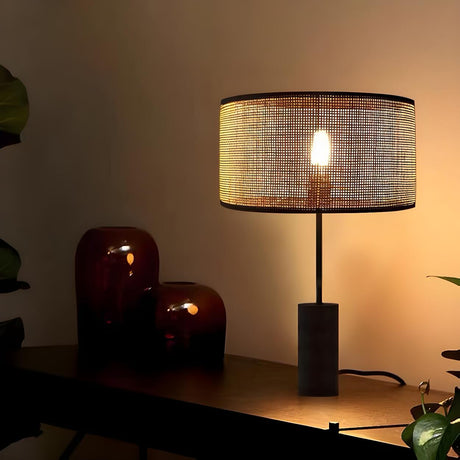 Modern Cylinder Rattan Shape Metal Base Table Lamp Image - 1