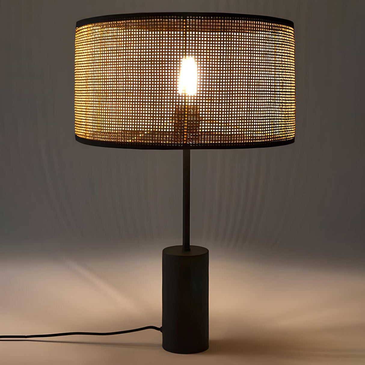 Modern Cylinder Rattan Shape Metal Base Table Lamp Image - 8