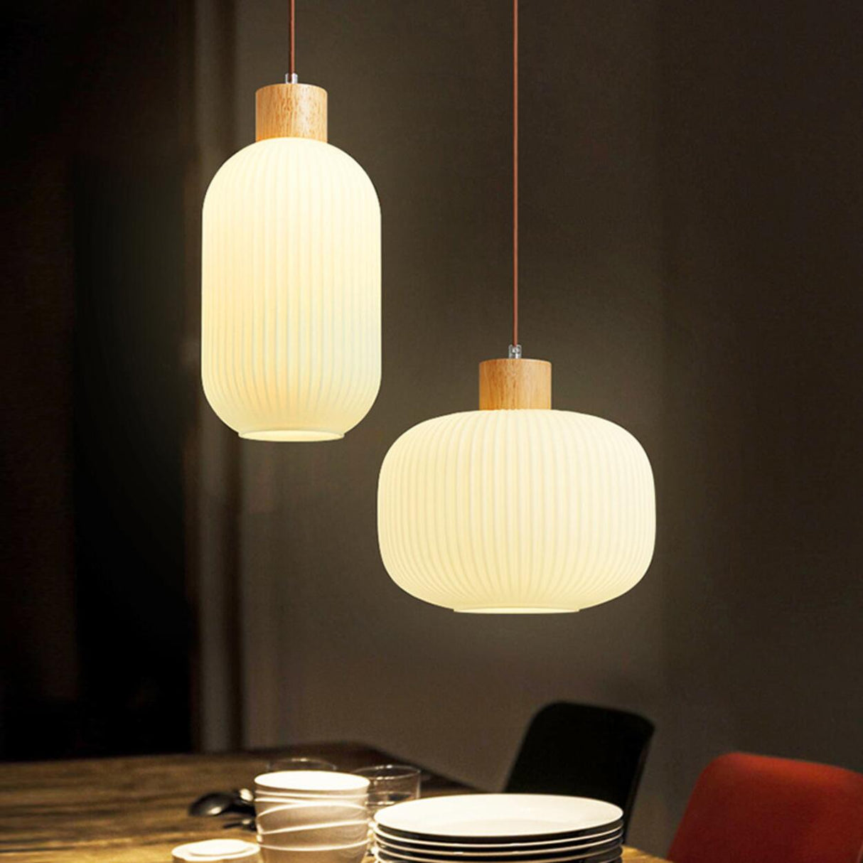 Modern Cylinder Ribbed Glass Pendant Lights Wooden Accents Image - 1