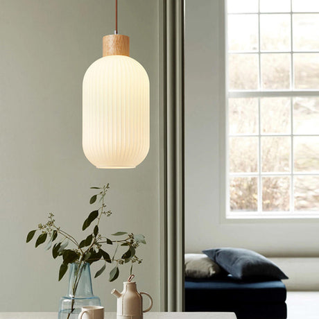 Modern Cylinder Ribbed Glass Pendant Lights Wooden Accents Image - 2