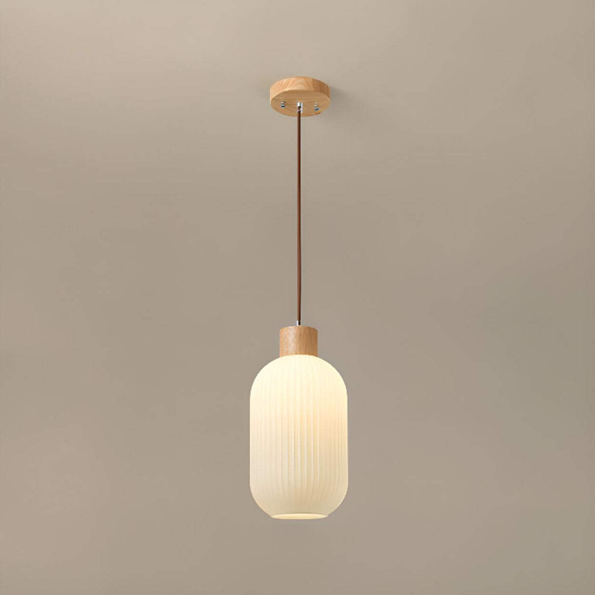 Modern Cylinder Ribbed Glass Pendant Lights Wooden Accents Image - 4