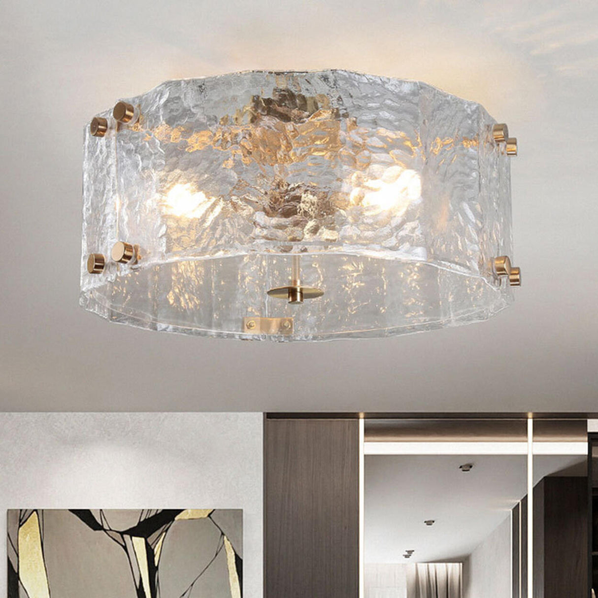 Modern Cylinder Ripple Glass Flush Mount Ceiling Light Image - 4