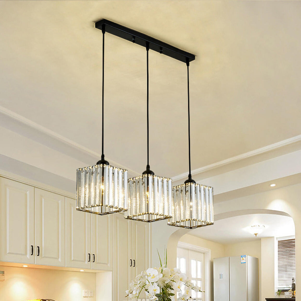 Modern Cylinder Square Clear Crystal Pendant Light Image - 4