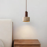 Modern Cylinder Stone Bedroom Pendant Walnut Light Image - 1