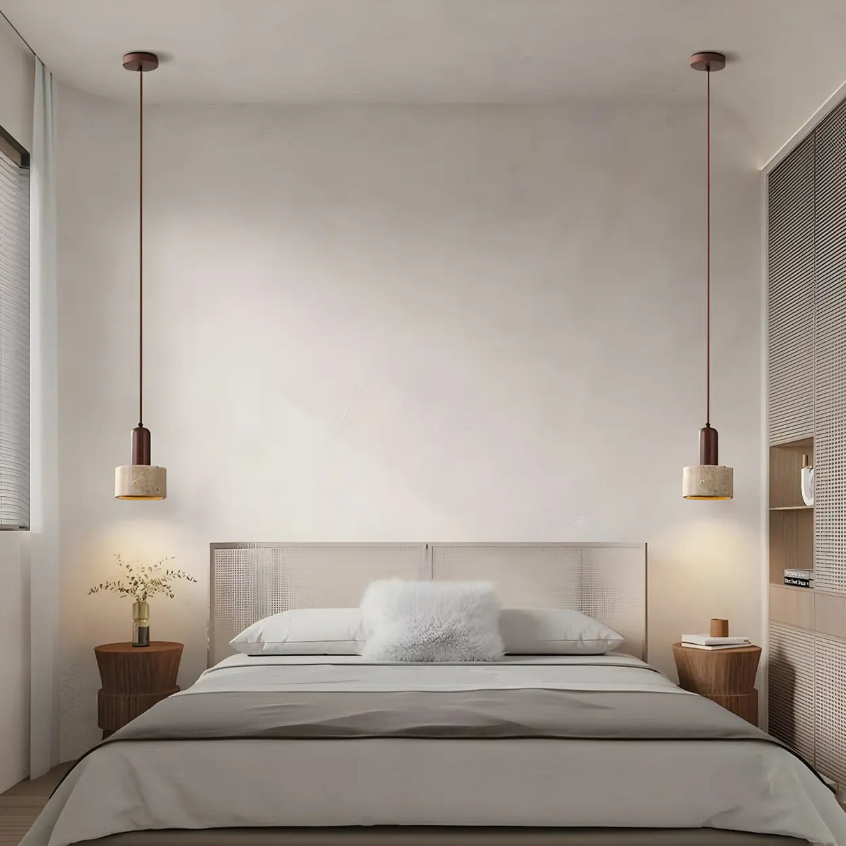 Modern Cylinder Stone Bedroom Pendant Walnut Light Image - 2