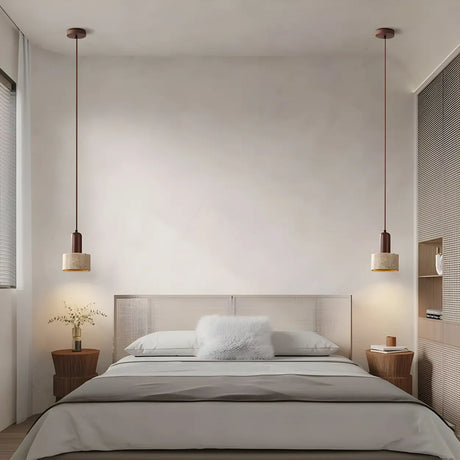 Modern Cylinder Stone Bedroom Pendant Walnut Light Image - 2