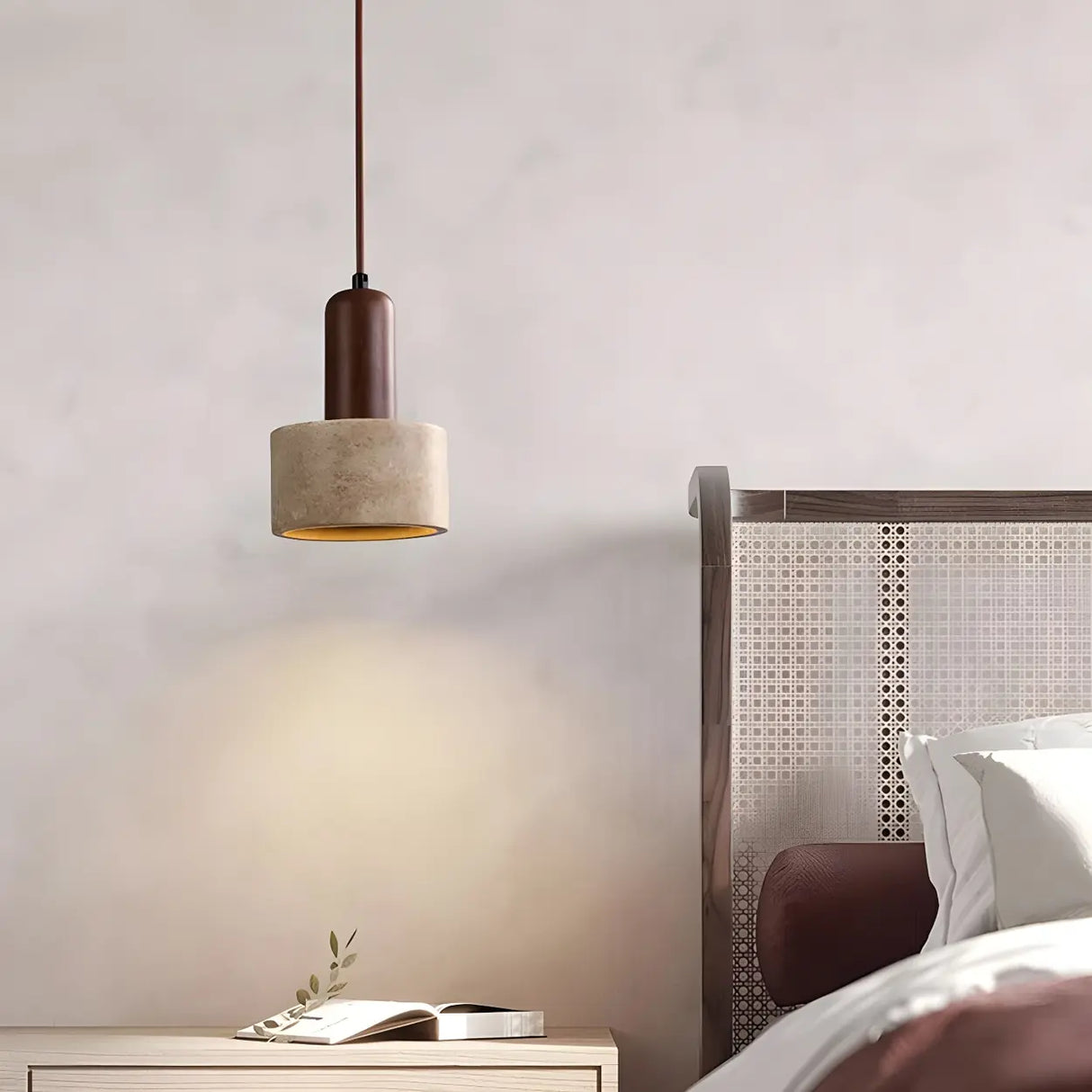 Modern Cylinder Stone Bedroom Pendant Walnut Light Image - 3