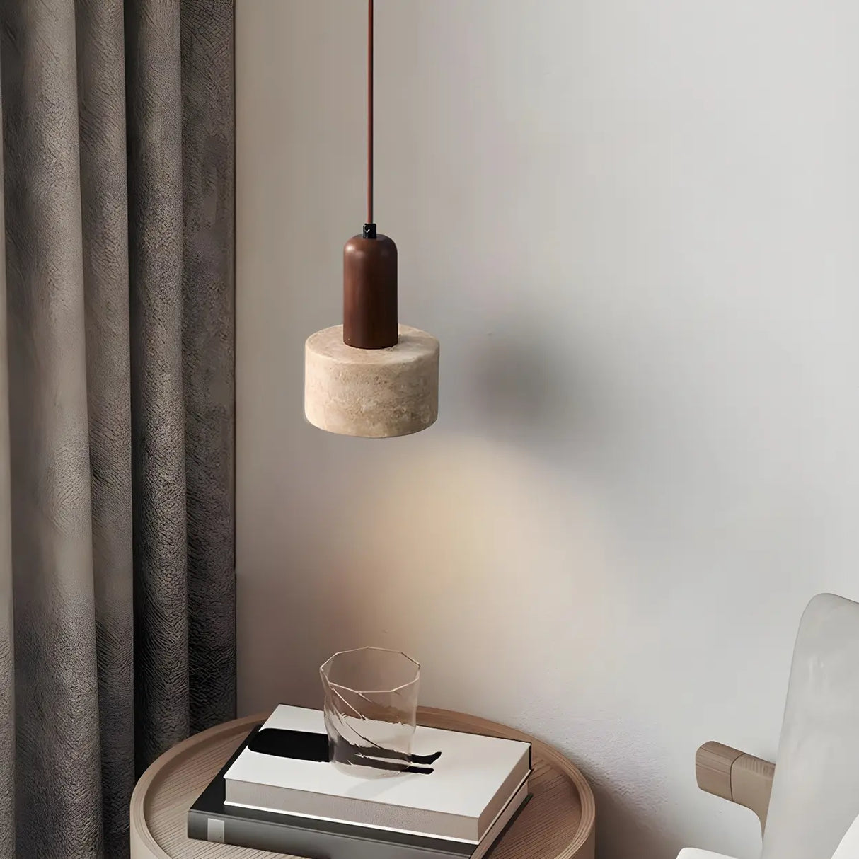 Modern Cylinder Stone Bedroom Pendant Walnut Light Image - 4