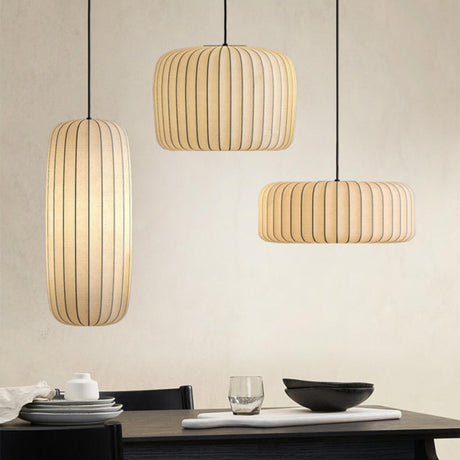 Modern Cylinder White Fabric Pendant Light Flexible Length Image - 1