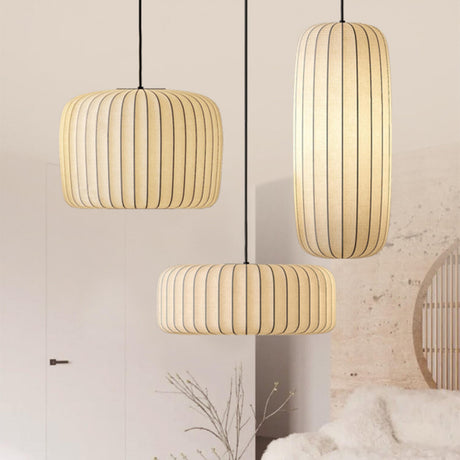 Modern Cylinder White Fabric Pendant Light Flexible Length Image - 2