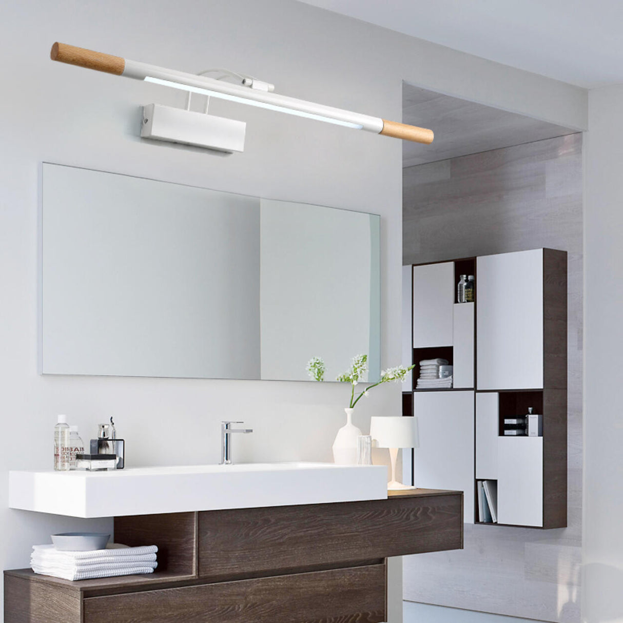 Modern Cylinder Wood Bathroom LED Vanity Light Image - 4