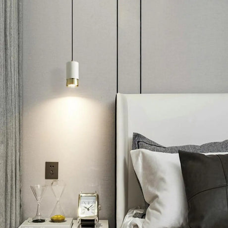 Modern Cylindrical Metal Bedroom White Pendant Light Image - 1