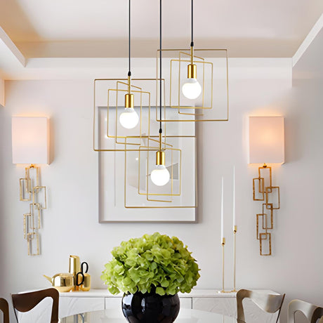 Modern Dining Room 3-Light Squared Gold Wire Pendant Light Image - 1