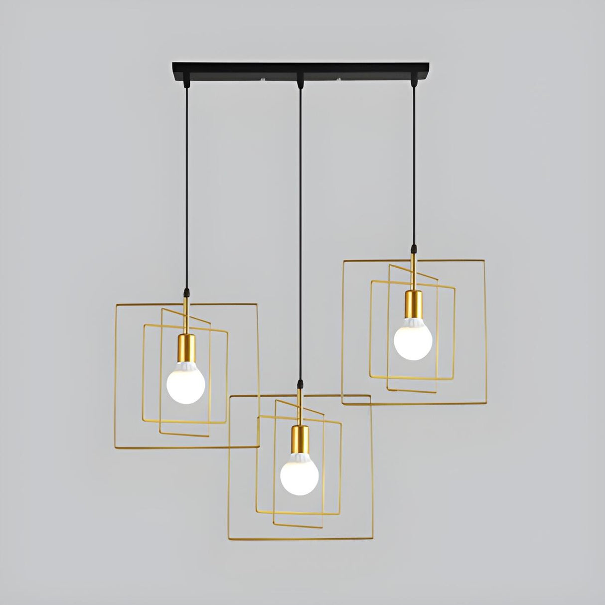 Modern Dining Room 3-Light Squared Gold Wire Pendant Light Image - 4