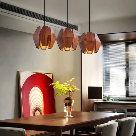 Modern Dining Room Geometric Walnut Wood Pendant Light Image - 1