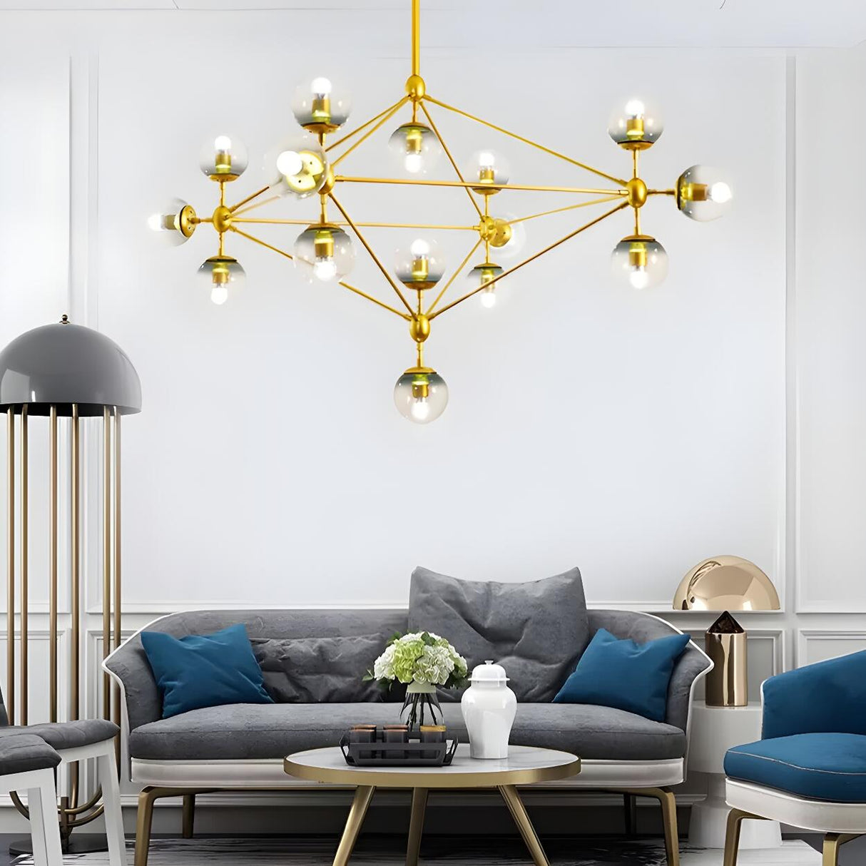 Modern Dining Room Gold Frame Glass Globe Chandelier Image - 2