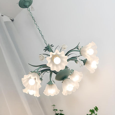 Modern Dining Room Green Flower Frosted Glass Chandelier Image - 1