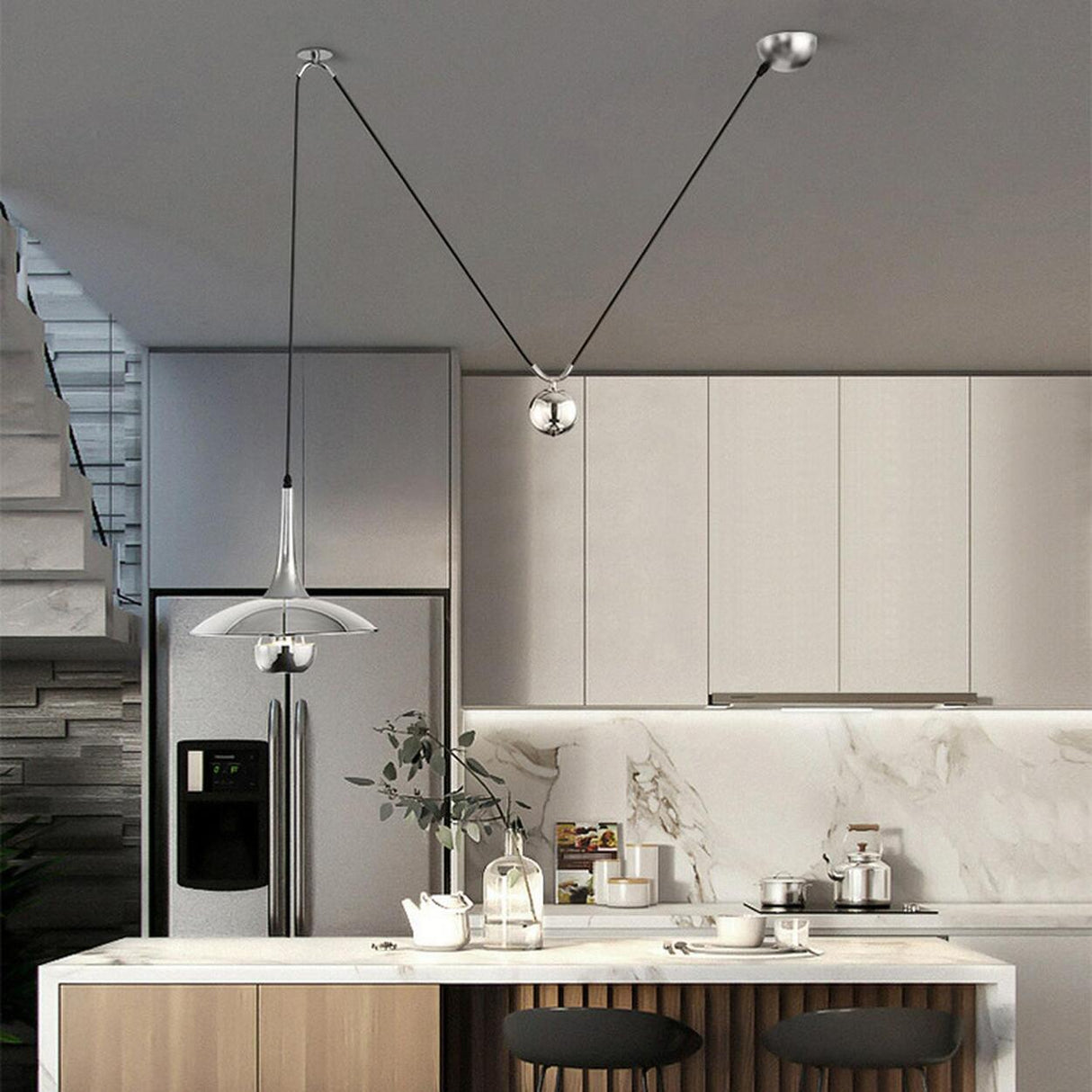 Modern Dining Room Metal Pulley System Pendant Light Image - 20