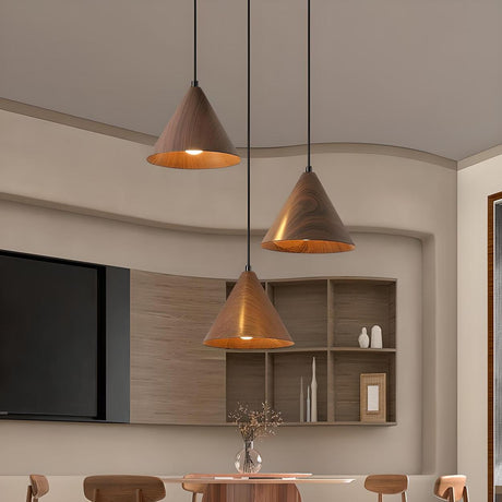 Modern Dining Room Metal Wood Color Cone Pendant Light Image - 1