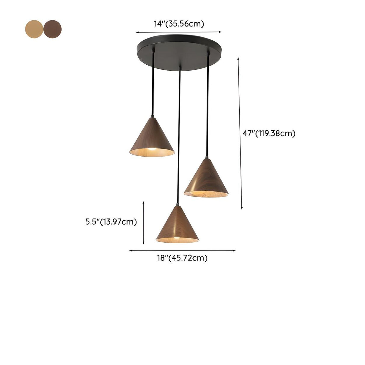 Modern Dining Room Metal Wood Color Cone Pendant Light Image - 16