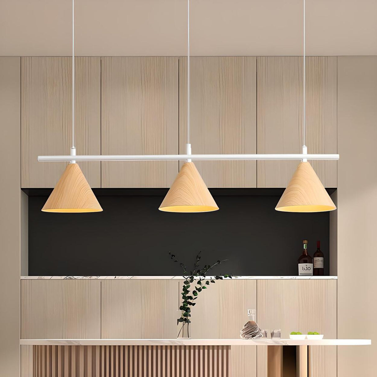 Modern Dining Room Metal Wood Color Cone Pendant Light Image - 4