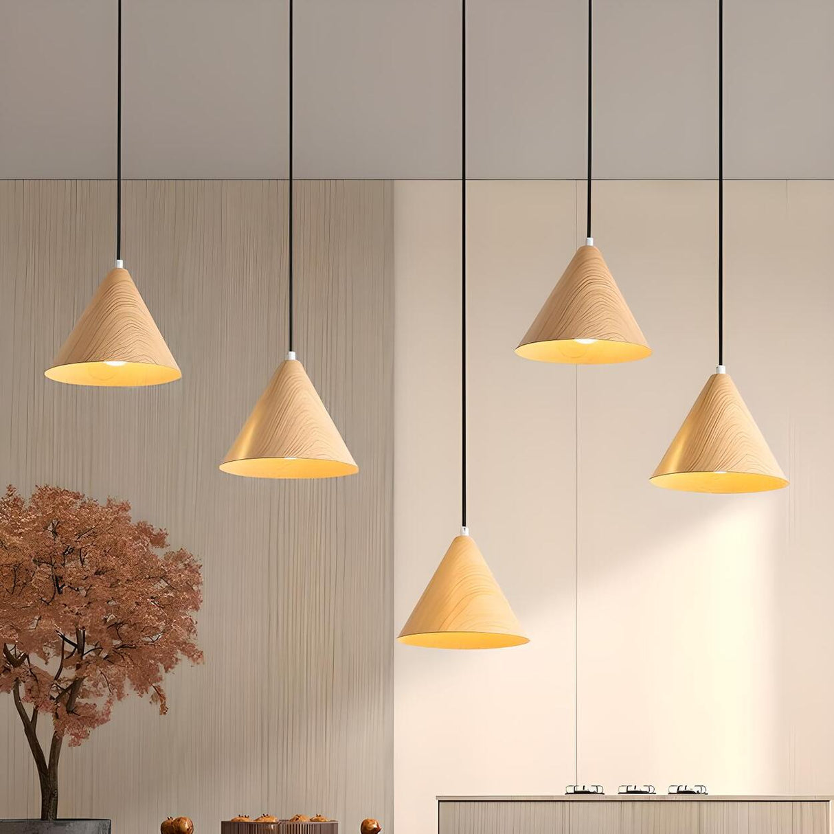 Modern Dining Room Metal Wood Color Cone Pendant Light Image - 6