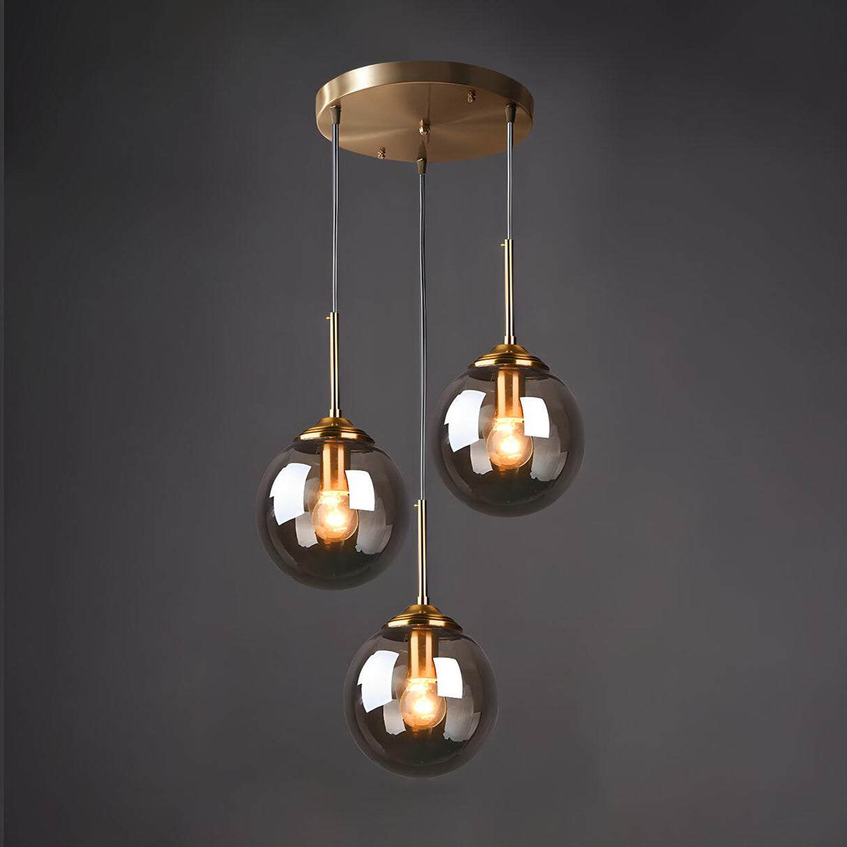 Modern Dining Room Smoke Gray Glass 3 Globes Pendant Light Image - 1