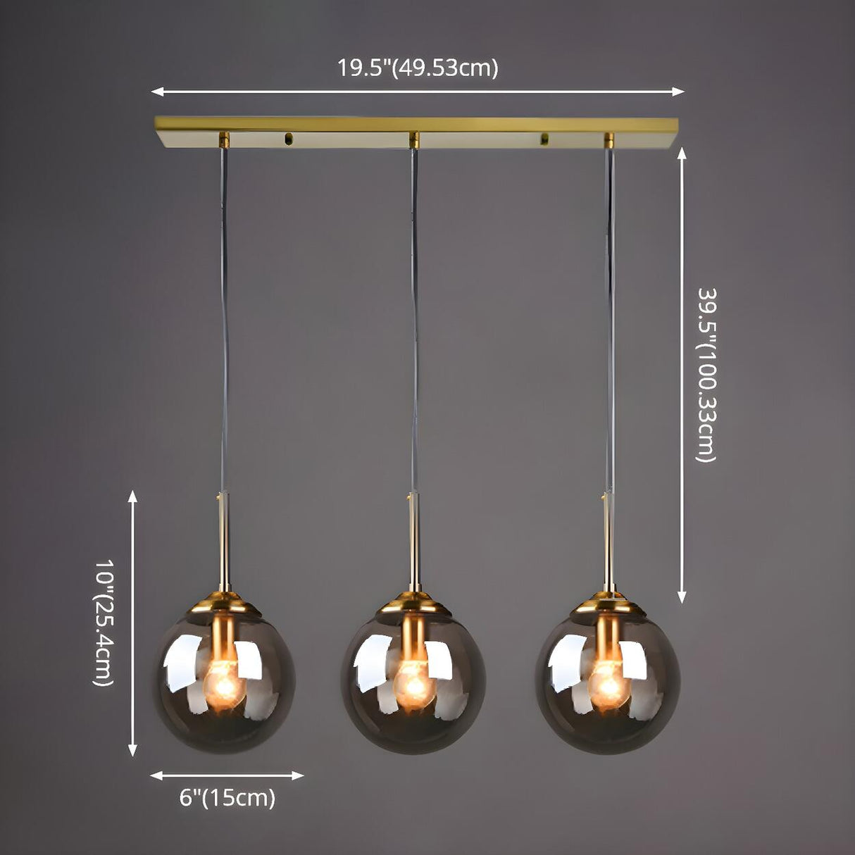 Modern Dining Room Smoke Gray Glass 3 Globes Pendant Light Image - 12