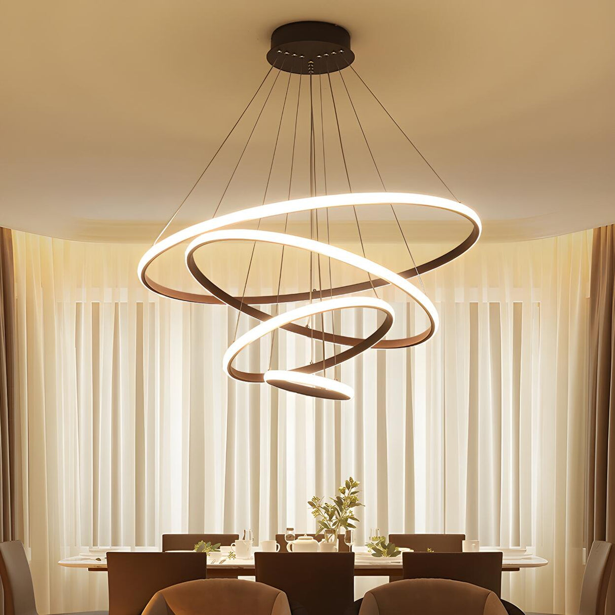 Modern Dining Room Tiered Brown Spiral Ring LED Chandelier Image - 2