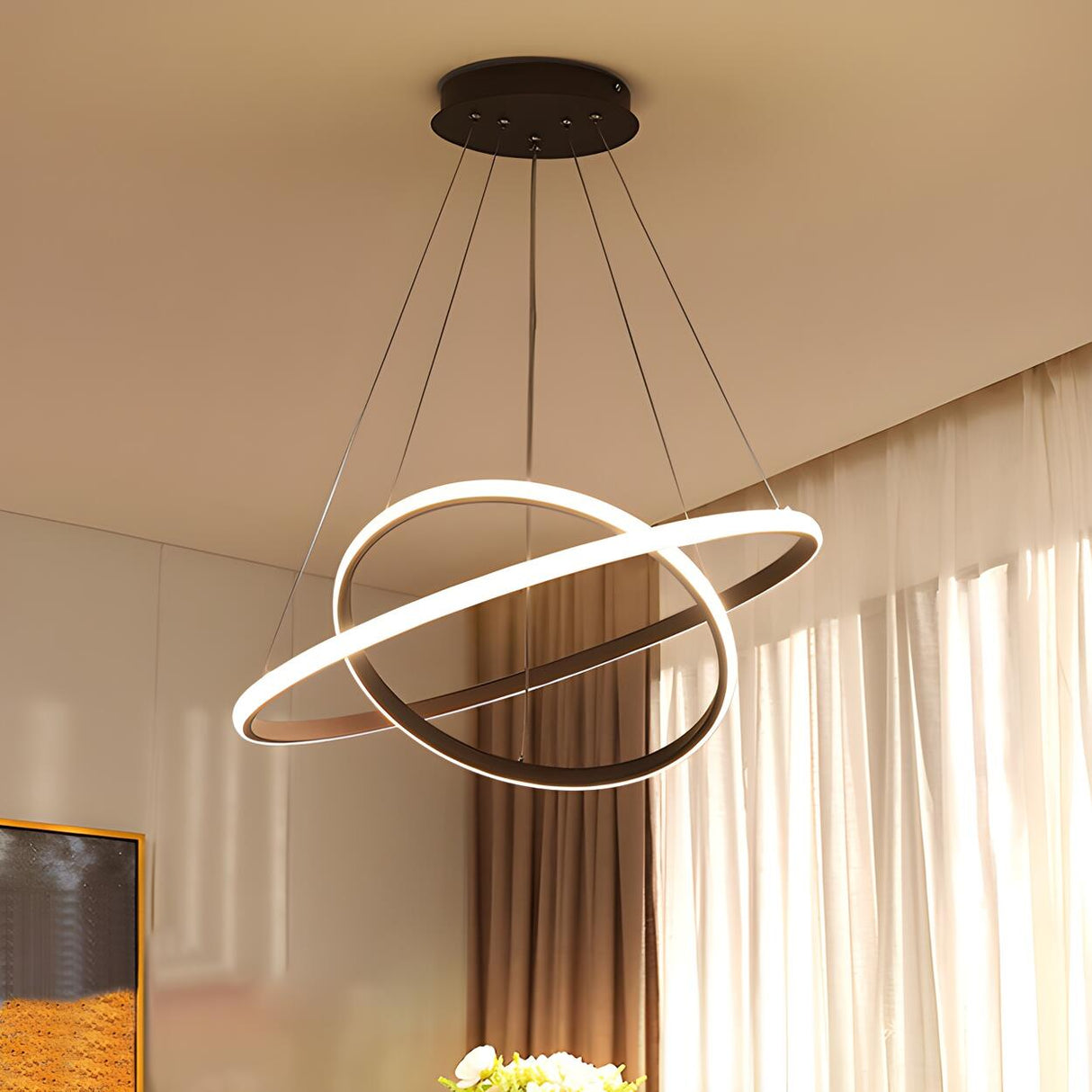 Modern Dining Room Tiered Brown Spiral Ring LED Chandelier Image - 7