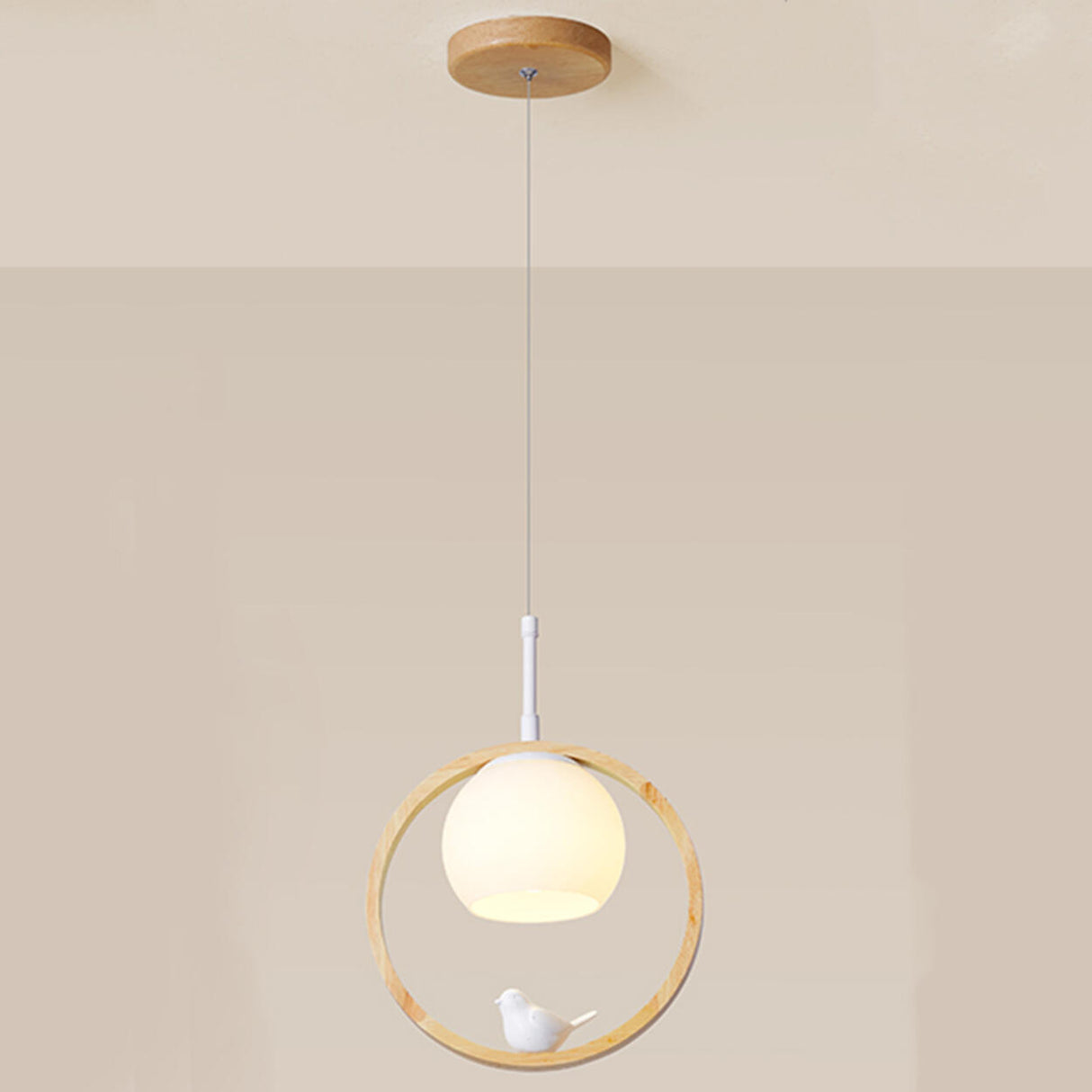 Modern Dining Room Walnut Circular Bird Pendant Light Image - 2