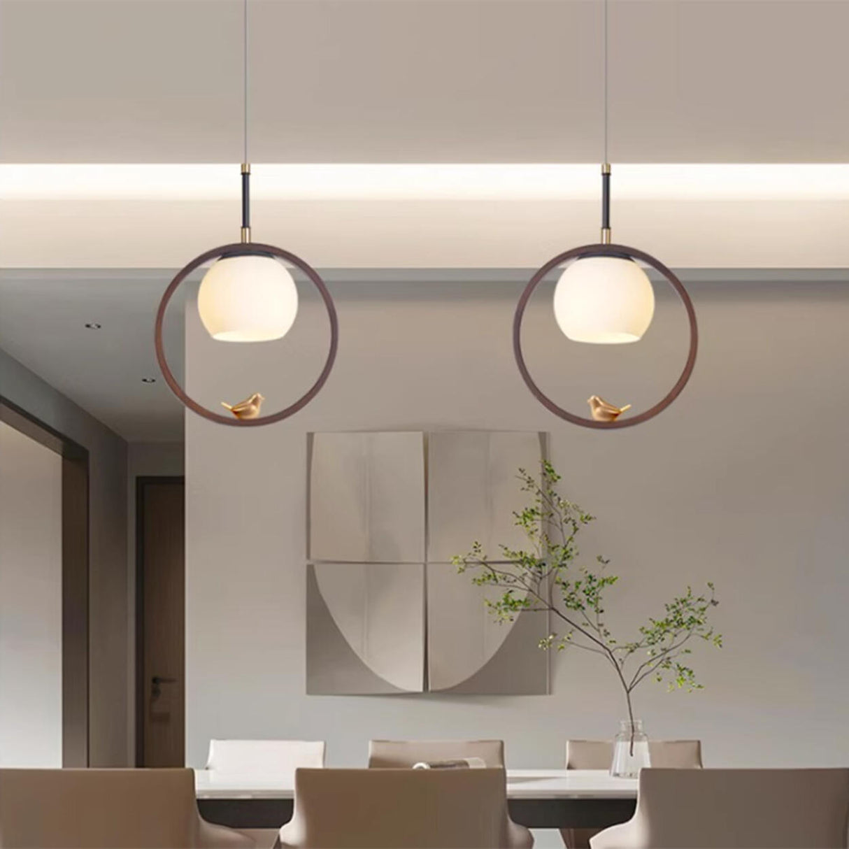 Modern Dining Room Walnut Circular Bird Pendant Light Image - 5