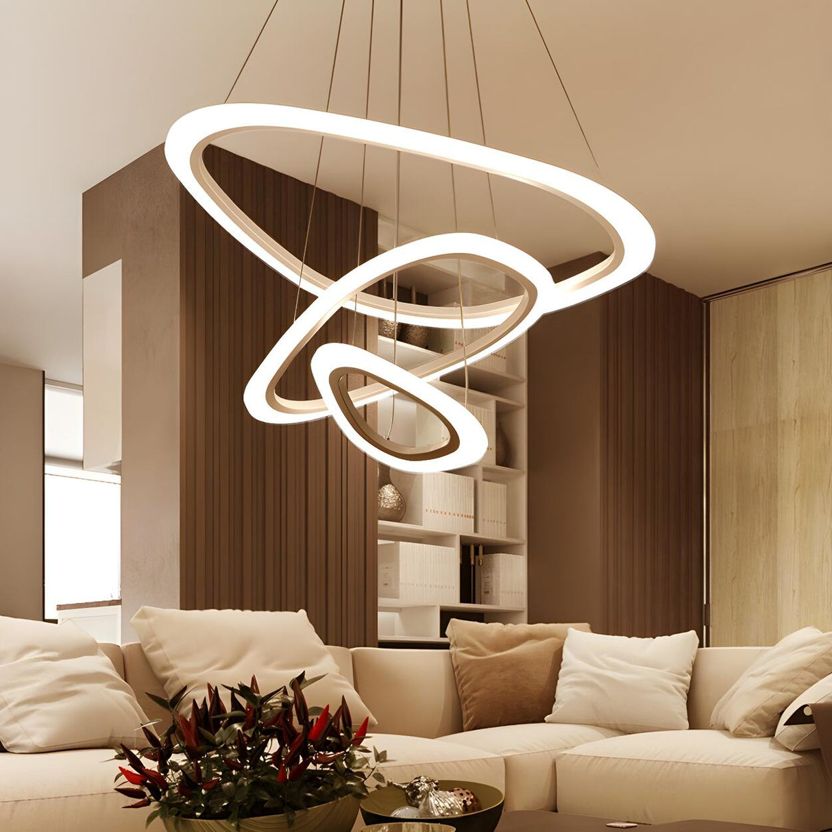 Modern Dining Room White Acrylic LED Ring Pendant Chandelier Image - 2