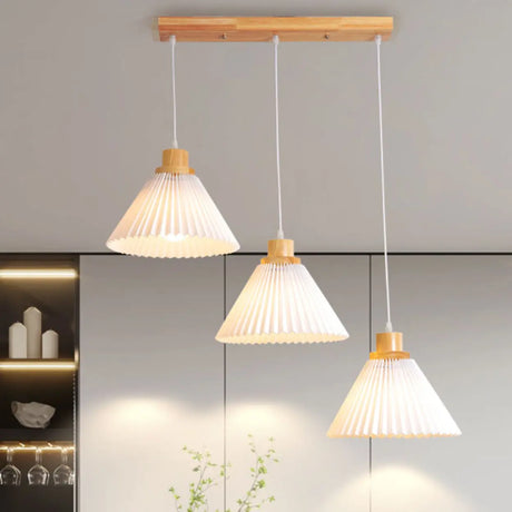 Modern Dining Room White Cone Wood Pendant Light Image - 1