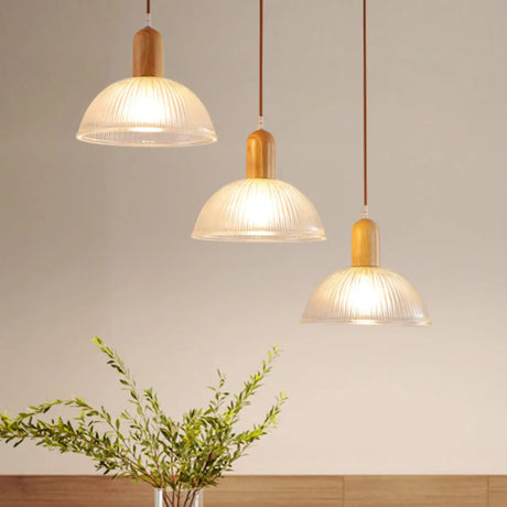 Modern Dining Room White Cone Wood Pendant Light Image - 2