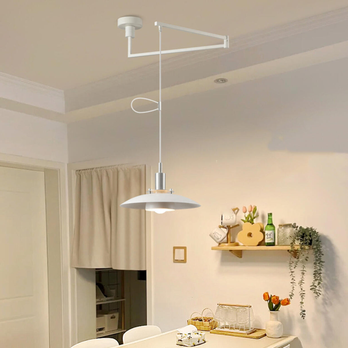 Modern Dining Room White Dome Adjustable Arm Pendant Light Image - 12