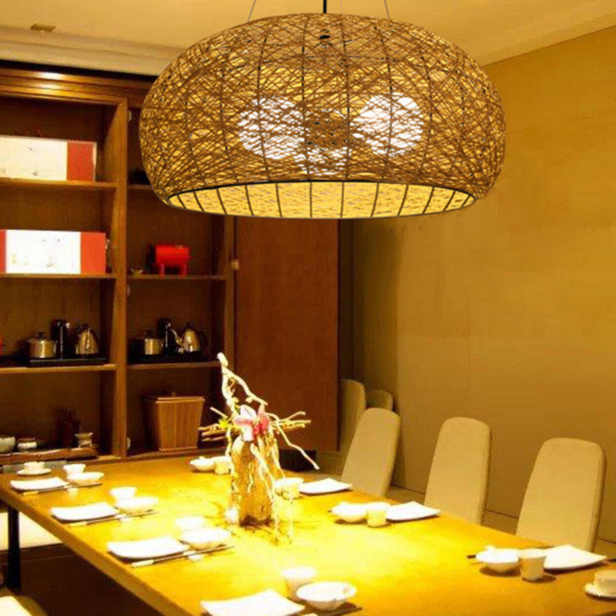 Modern Dining Room Woven Rattan Dome Pendant Chandelier Image - 15