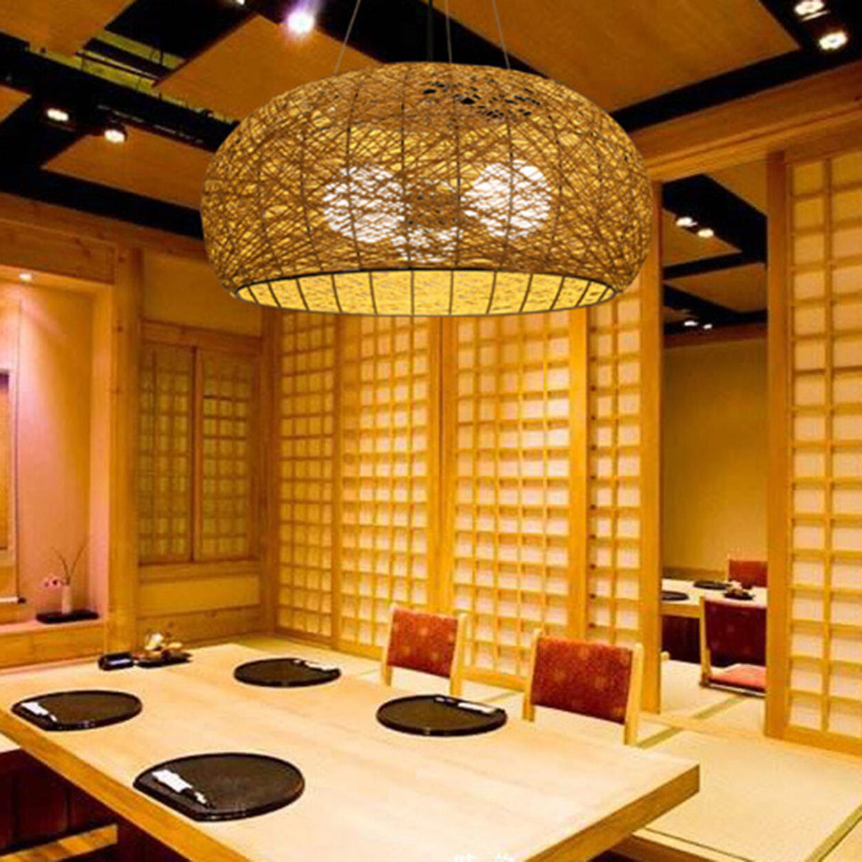 Modern Dining Room Woven Rattan Dome Pendant Chandelier Image - 16