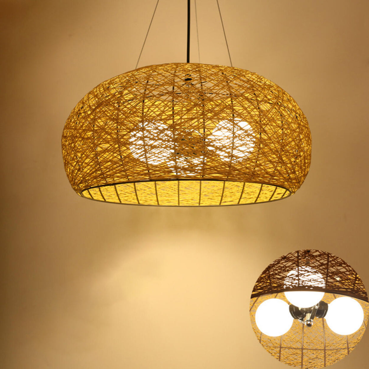 Modern Dining Room Woven Rattan Dome Pendant Chandelier Image - 3