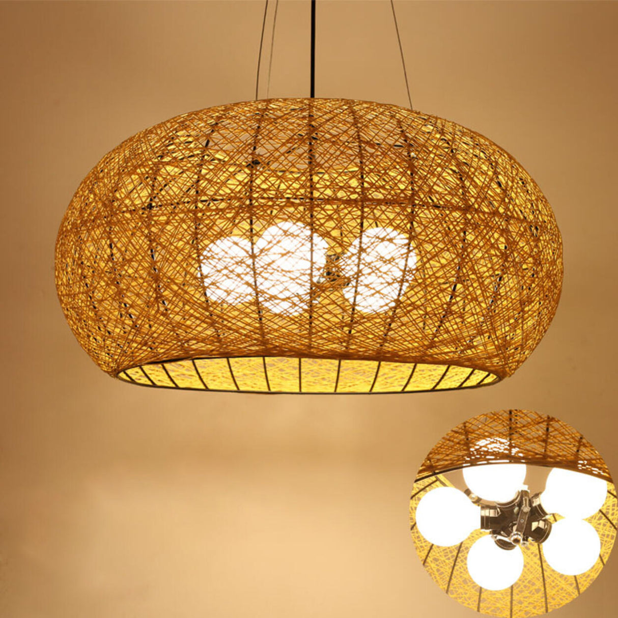 Modern Dining Room Woven Rattan Dome Pendant Chandelier Image - 5