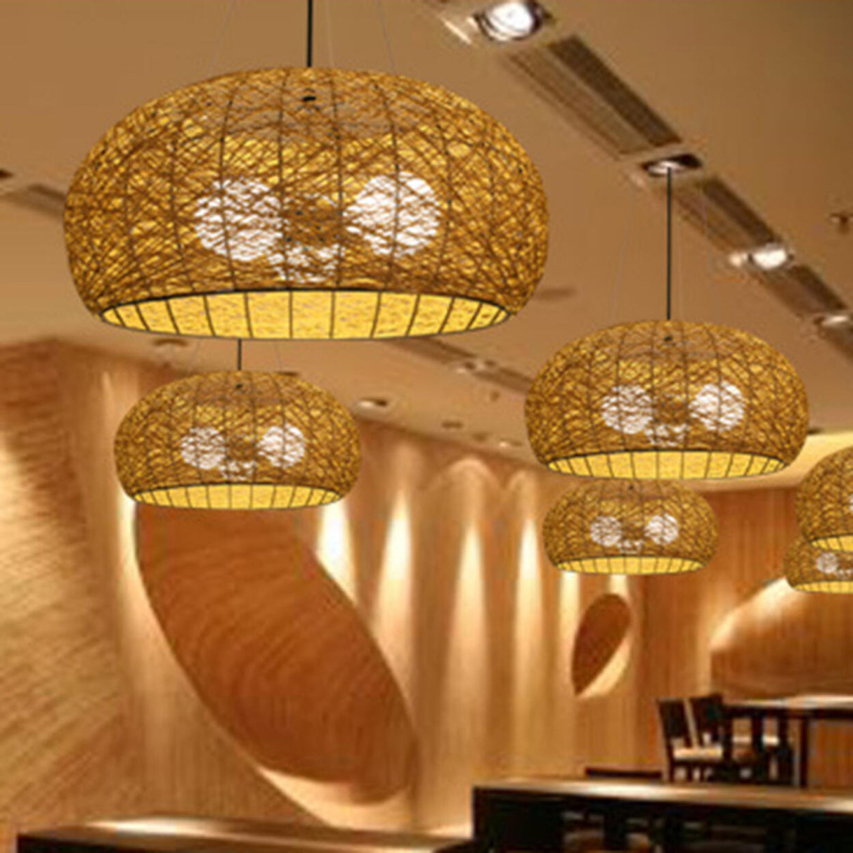 Modern Dining Room Woven Rattan Dome Pendant Chandelier Image - 8